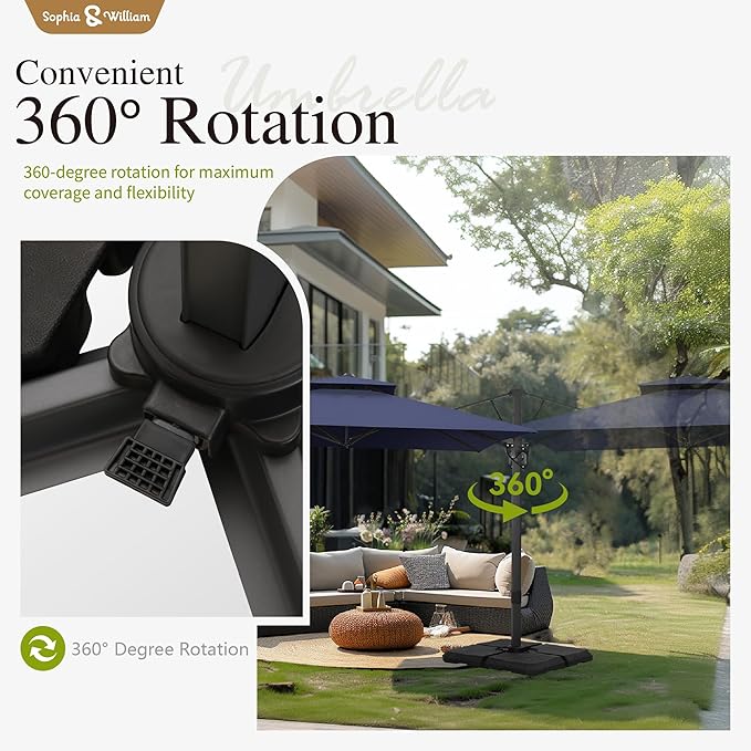 Sophia & William Cantilever Patio Umbrella 12ft, Offset Large Outdoor Umbrellas with 360°Rotation, Heavy Duty Hydraulic Double Umbrella for Garden Pool Backyard, Navy Blue(no base)