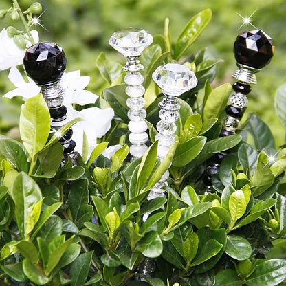 119 Pcs Garden Stake DIY Fairy Wand Plant Stake with Black White Large Hole Beads Crystal Diamond Stopper Top 4 Stainless Steel Threaded Rod Beaded Garden Stakes for Outdoor Indoor Yard Decorations