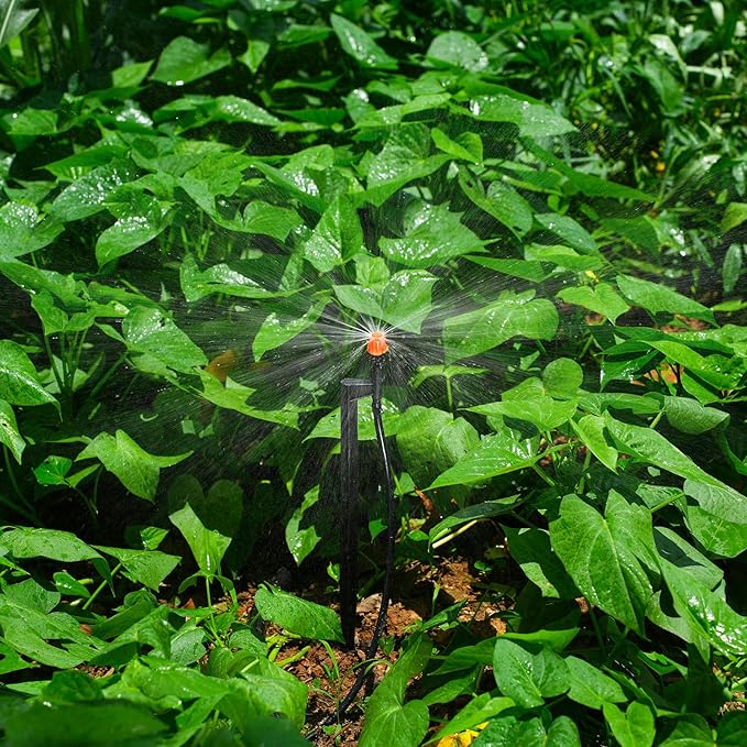 360 Degree Irrigation Sprinkler Heads: Micro Sprinkler Nozzle on 12 Inch Stake with 1/4" Tubing - Drip Spray Emitters for Garden Irrigation System (20 Pack)