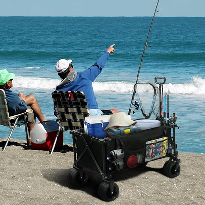 REDCAMP 49" L Extended Collapsible Beach Fishing Cart with Rod Holders, 330LBS Heavy Duty Extra Large Folding Utility Garden Cart with Tailgate and Big All-Terrain Wheels for Grocery, Sport, Fishing