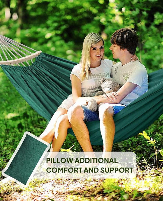 Chihee Hammock for Stand 9.8ft x 4.9ft Soft Cotton Hammock Holds Up to 660lbs Portable Tree Hammocks with Detachable Spreader Bar Pillow 2 Strong Webbings 2 Carabiners Patio Garden Indoor Outdoor