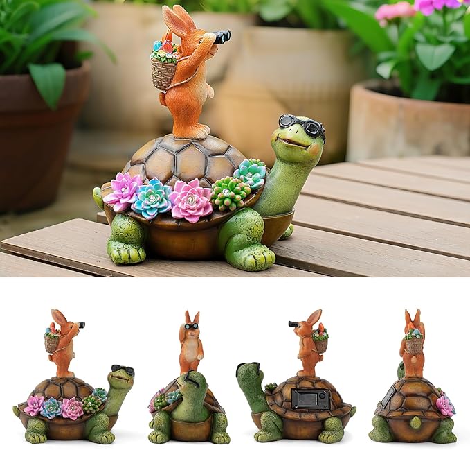 Solar Turtle Garden Statue with Bunny and LED Succulent Flowers – Outdoor Lawn Decor with Lights, Cute Animal Yard Ornament for Patio, Pathway, or Garden Gift (Turtle)