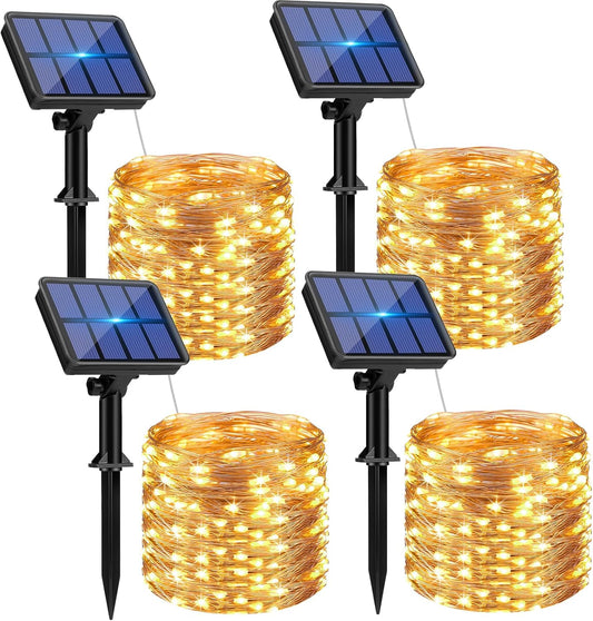 4 Pack Solar String Lights Outdoor - 320LED 132FT Solar Fairy Lights Waterproof 8 Modes, Copper Wire Solar Powered Twinkle Lights for Outside Tree Garden Christmas Wedding Party Decor (Warm White)