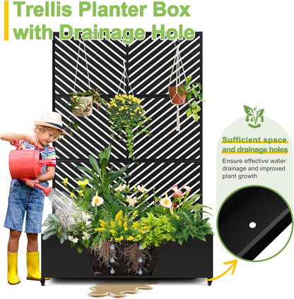 FENCY Metal Raised Garden Bed with Wheels and Trellis,73"x47"x16" Planter Box for Climbing Plants, Vegetables & Vines, Features Privacy Screen and Drainage Holes (Black-Arrow)