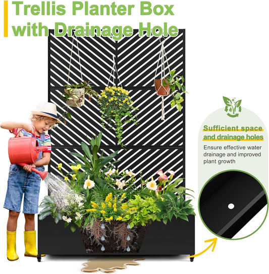 FENCY Metal Raised Garden Bed with Wheels and Trellis,73"x47"x16" Planter Box for Climbing Plants, Vegetables & Vines, Features Privacy Screen and Drainage Holes (Black-Arrow)