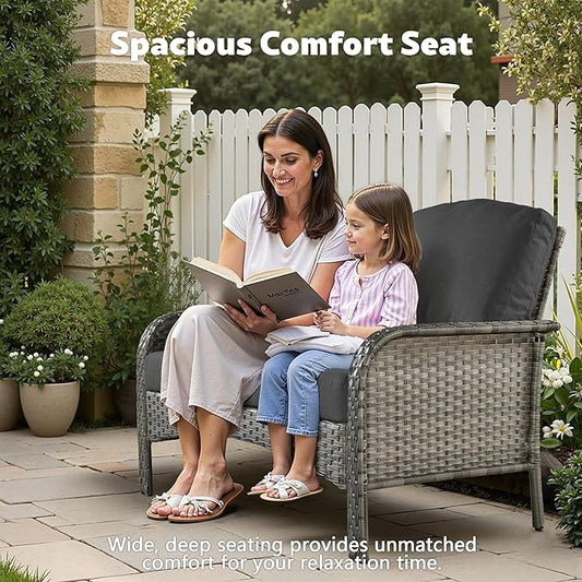 4-Piece Wicker Patio Furniture Set, All-Weather Rattan Conversation Bistro Loveseat Chair and Table Set for Backyard, Balcony and Deck with Soft Cushions and Metal Table(Black)