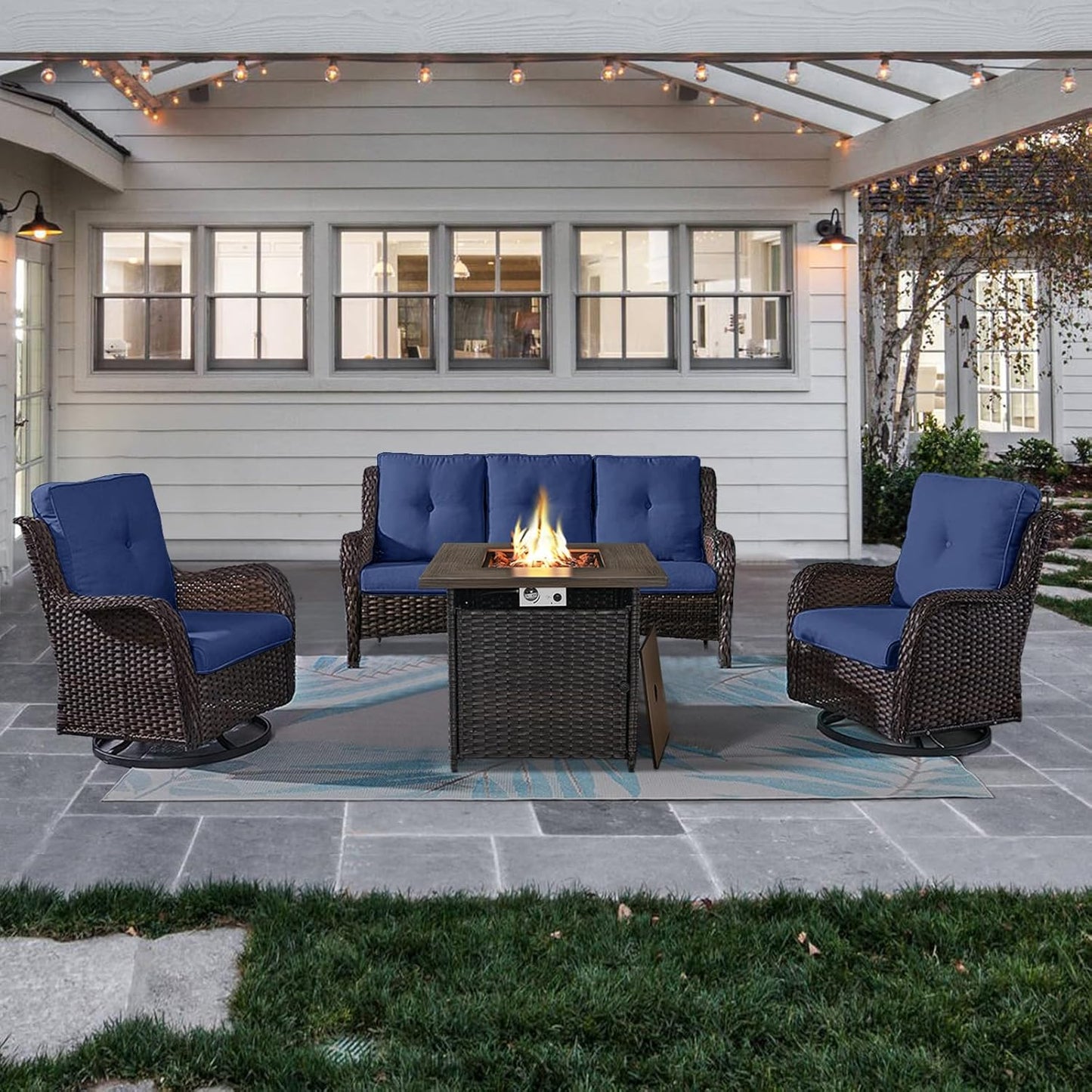 Outdoor Patio Furniture Set with 50000BTU Propane Fire Pit Table, 4 Pieces Wicker Patio Conversation Set with 2 Swivel Rocker Glider Chairs Rattan Sofa Blue Cushion Perfect for Gathering