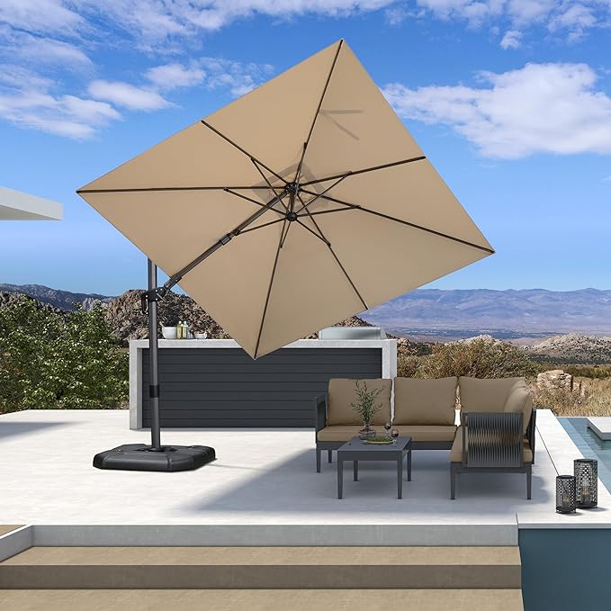 PURPLE LEAF 8.8' X 8.8' Left-right Tilt Patio Umbrella Outdoor Cantilever Swivel Square Umbrella with Tilt Aluminum Offset Umbrella with 360-degree Rotation for Garden Deck Pool Patio Beige