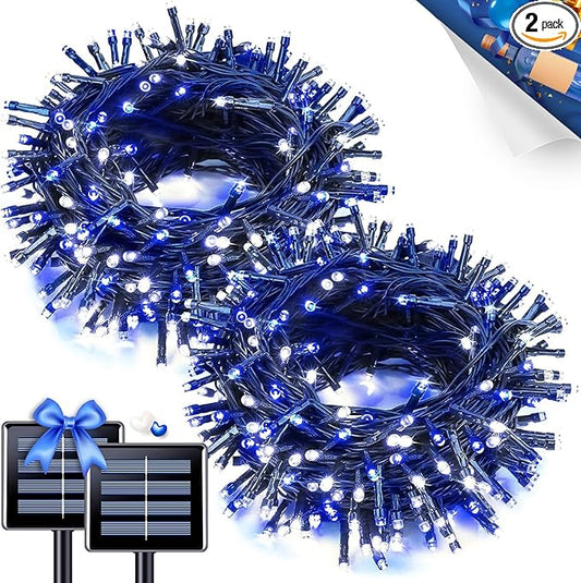 JMEXSUSS 2 Pack Blue & White Solar String Lights, Each 100 LED 33ft, Waterproof, 8 Modes for Outside Garden Patio Party Decoration