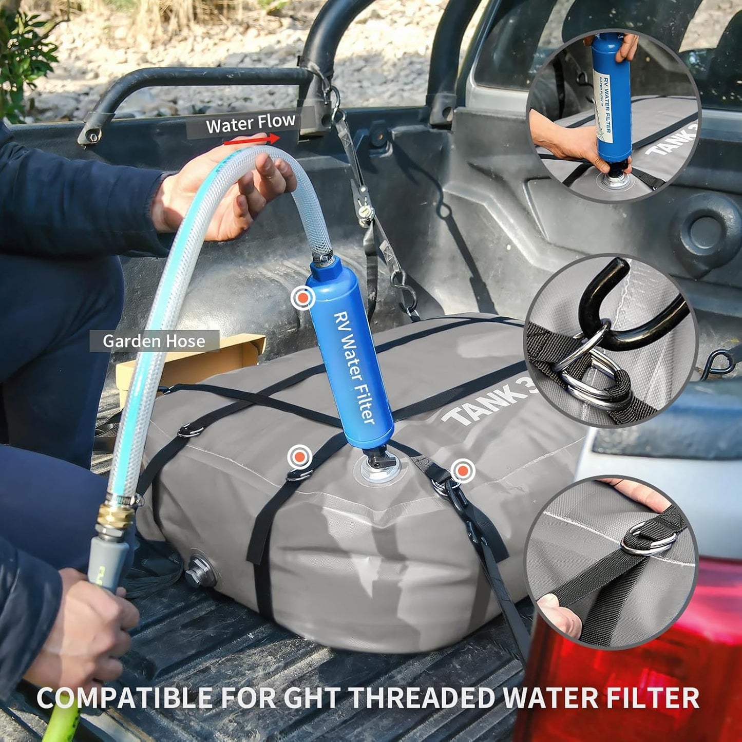 TPU Water Storage Bladder, 35 Gallon Portable RV Fresh Water Tank, Food Grade BPA Free Collapsible Flexible Container for Drinking, Camping, Irrigation & Emergency-Hurricane, Drought, Fire (3/4” GHT)