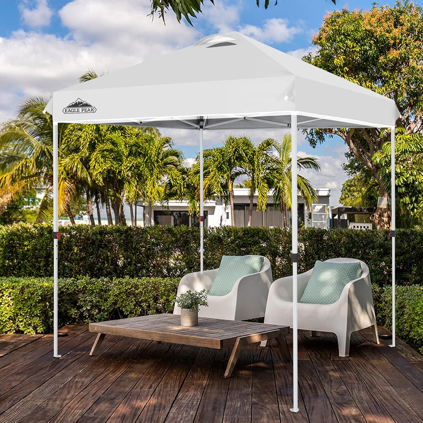 EAGLE PEAK Pop Up Canopy Tent with Wheeled Carry Bag, 8 Stakes, 4 Ropes, Easy Set Up Tent Canopy, 6.6x6.6 ft, White