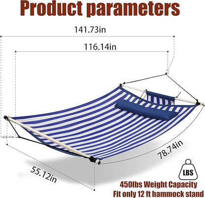 TegerDeger Anti-flip 12FT Hammock Large Hammock 450LB Capacity with Iron Spreader Bar & Nylon Rope for Outside, Patio, Garden, Backyard, Beach - Blue Strips