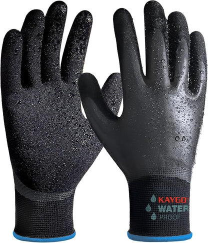 KAYGO Waterproof Work Gloves for Men and Women, Rubber Coated Non-slip Working Gloves for Garden, Outdoor Construction,KG150,Black,M