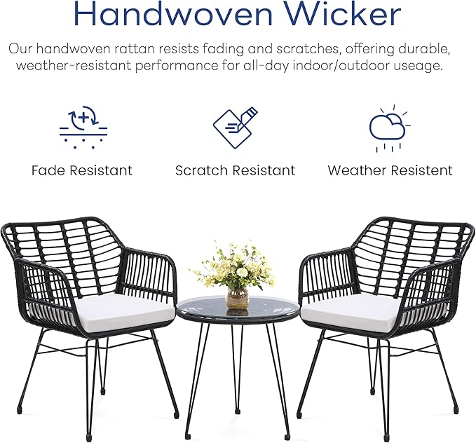 3 Piece Wicker Patio Bistro Furniture Set, Includes 2 Rattan Chairs and Glass Top Table, Ideal for Porch, Outdoor, Backyard, Apartment, Balcony, Black