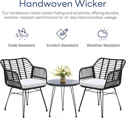 3 Piece Wicker Patio Bistro Furniture Set, Includes 2 Rattan Chairs and Glass Top Table, Ideal for Porch, Outdoor, Backyard, Apartment, Balcony, Black