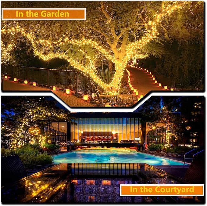 OZS 4 Pack 320LED Solar String Lights Outdoor, Waterproof 8 Modes Solar Tree Light, Green Wire Christmas Lights Outdoor for Garden, Party, Wedding, Christmas Decorations (Warm White)