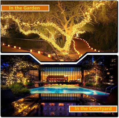 OZS 4 Pack 320LED Solar String Lights Outdoor, Waterproof 8 Modes Solar Tree Light, Green Wire Christmas Lights Outdoor for Garden, Party, Wedding, Christmas Decorations (Warm White)