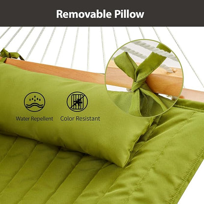 Outdoor Double Hammock with Hardwood Spreader Bars, Large Rope Hammock with Polyester Pad and Pillow, 475 LBS Capacity for 2 Person Patio Backyard Poolside - Green