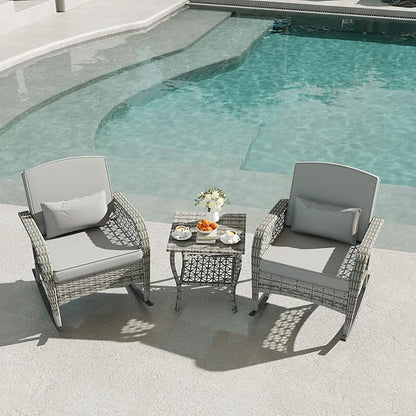 DECMICO 3-Piece Rattan Rocking Chair Set, PE Patio Bistro Furniture with Cushions & Coffee Table for Garden Backyard Porch, Light Grey