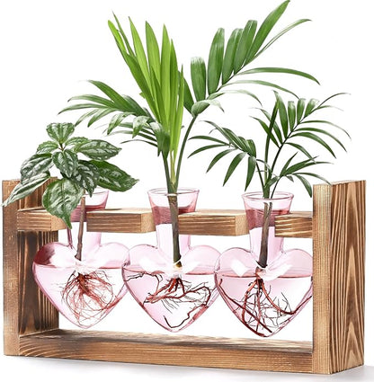 Lifecapido Heart Shaped Propagation Stations, Plant Terrarium with Wooden Stand, Plant Propagation Station for Hydroponics Plants Office Garden Home Decor, Gifts for Women Plant Lover (3 Vases, Pink)