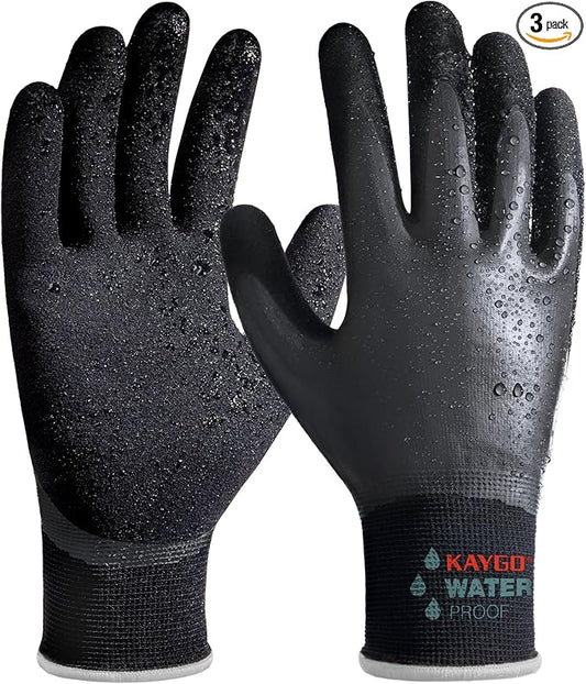 KAYGO Waterproof Work Gloves for Men and Women, Rubber Coated Non-slip Working Gloves for Garden, Outdoor Construction,3 pairs,Black,XL