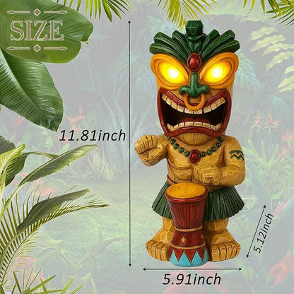 Solar Tiki Garden Statue with LED Eyes Outdoor Polynesian Drummer Hawaiian Party Decor Solar Light Ornament for Patio Porch Lawn Tiki Bar or Tiki Lover Funny Stocking Stuffers Gifts