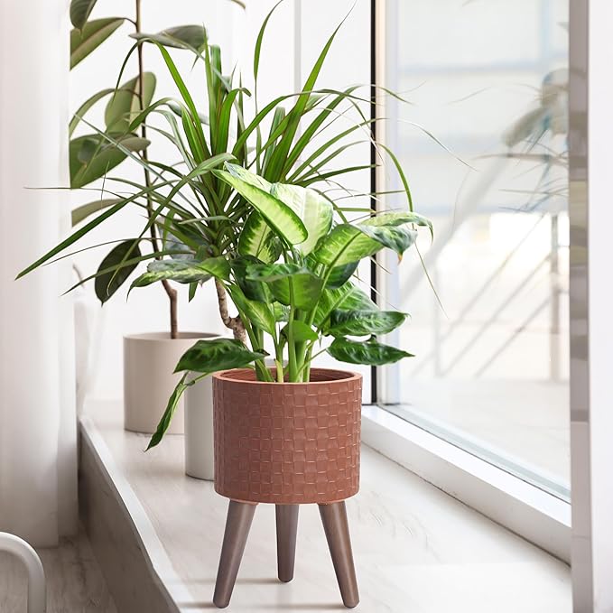 D'vine Dev 8 Inch Modern Geometric Tile Patterned Sleek Planter Pot with Stand, Indoor Outdoor Decorative Plant Holder, Terra Cotta, 88-Z-A-3