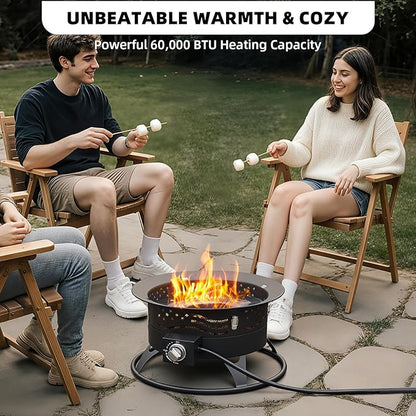 Portable Propane Fire Pit, 20 Inch Smokeless Gas Fire Pit Bowl for Outside, 60,000 BTU Outdoor Firepit with Grill Grate & Lid for Camping, Patio, Yard, Garden