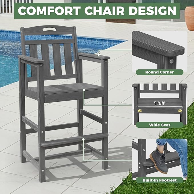 HDPE Outdoor Patio Bar Set with High Top Table and 2 Adirondack Chairs, All-Weather Bar Height Outside Rectangular Pub Furniture for Bistro, Garden, Backyard, Deck | 3-Pieces, Grey