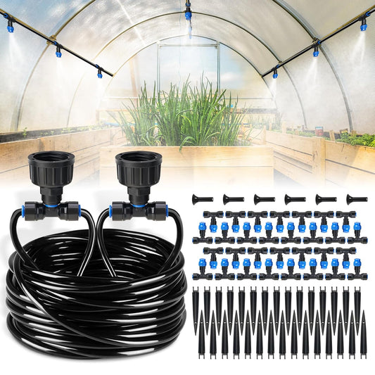 HIRALIY 118FT Greenhouse Misting Drip Irrigation Kit, Hanging Plant Watering, Garden Watering System with 1/4" Blank Tubing and Misting Nozzles, Quick Connector Design Automatic Irrigation System
