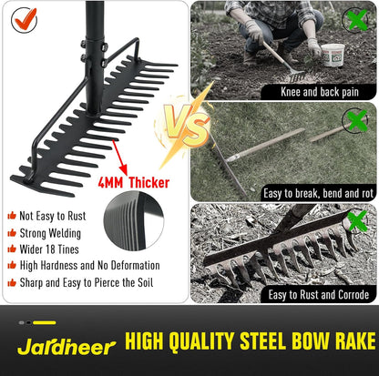 Jardineer Bow Rake Heavy Duty, Long Handle Metal Rakes for Gravel, Rocks, Lawns Leaves, Soil Leveling, Landscaping, Garden Rake with 18 Steel Tines (59 Inches)