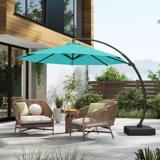 11FT Cantilever Umbrella with Base Large Curvy Outdoor Aluminum Offset Umbrella w/ 360° Rotation, UV Resistant Canopy for Patio, Garden, Backyard, Aqua Blue