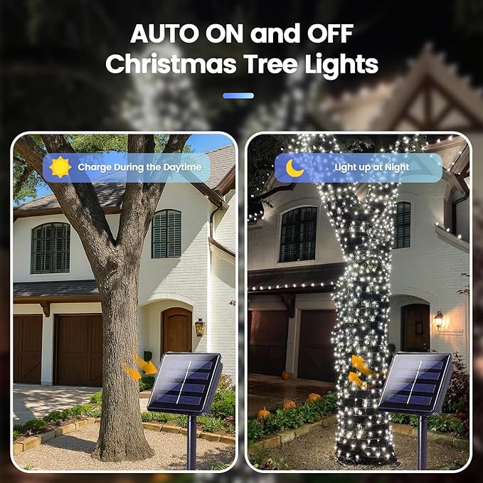 4 Pack 180FT Solar Christmas Lights Outdoor Waterproof, Super Bright 320 LED Solar String Lights with 8 Lighting Modes, Green Wire Twinkle Tree Light for Outside Xmas Party Decorations (Cool White)