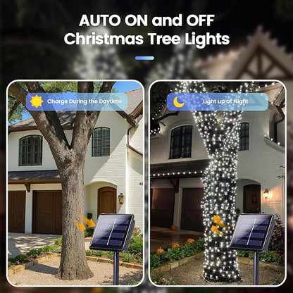 4 Pack 180FT Solar Christmas Lights Outdoor Waterproof, Super Bright 320 LED Solar String Lights with 8 Lighting Modes, Green Wire Twinkle Tree Light for Outside Xmas Party Decorations (Cool White)