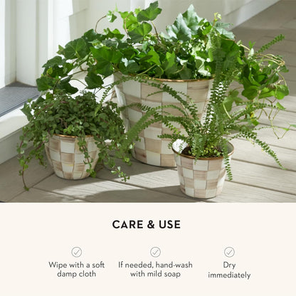 MACKENZIE-CHILDS Enamel Garden Pot, Decorative Pot for Plants, Outdoor Flowerpot Decor, Extra Large, Brown-and-White Mocha Check