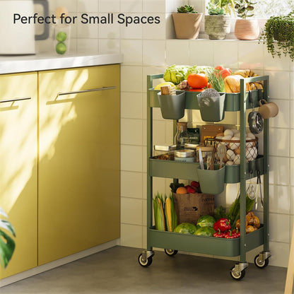 3 Tier Rolling Cart,Utility Cart with Locking Wheels, Hanging Cups,&Hooks, Heavy Duty Metal Storage Organizer Cart for Kitchen,Office, Bathroom,Craft Room,Green