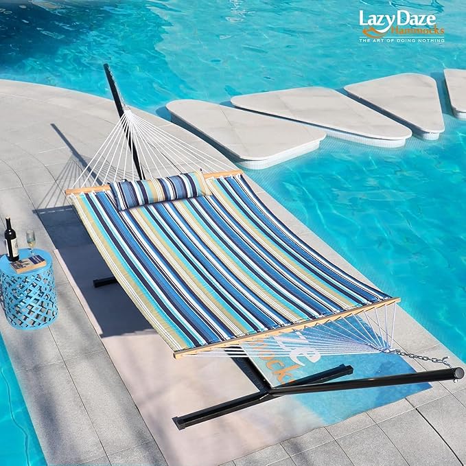 Lazy Daze Hammocks 12 FT Quilted Fabric Double Hammock with Spreader Bars and Detachable Pillow, 450lbs Weight Capacity