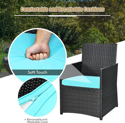 Tangkula 3 Pieces Patio Dining Set, Space-Saving PE Rattan Bistro Set with Tempered Glass Top Table and Cushioned Chairs, Outdoor Conversation Set for Garden Backyard Poolside Porch (Turquoise)