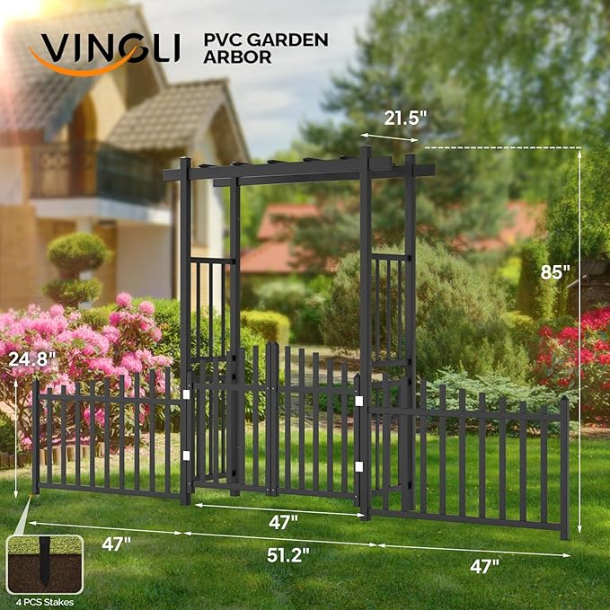 VINGLI Garden Arbor with Gate and Fence, PVC Frame Trellis Garden Arch for Plant Climbing, Vinyl Pergola Wedding Arch Backdrop Standing for Backyard, Lawn, Event (Black)