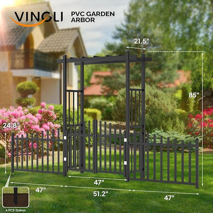 VINGLI Garden Arbor with Gate and Fence, PVC Frame Trellis Garden Arch for Plant Climbing, Vinyl Pergola Wedding Arch Backdrop Standing for Backyard, Lawn, Event (Black)