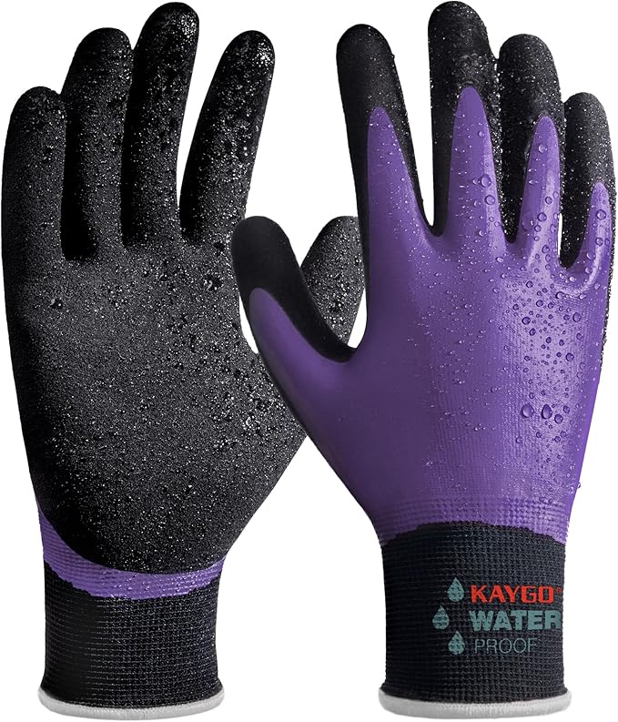 KAYGO Waterproof Work Gloves for Men and Women, Rubber Coated Non-slip Working Gloves for Garden, Outdoor Construction,KG150,Purple,XL