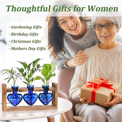 Lifecapido Heart Shaped Propagation Stations, Plant Terrarium with Wooden Stand, Plant Propagation Station for Hydroponics Plants Office Garden Home Decor, Gifts for Women Plant Lover (3 Vases, Blue)