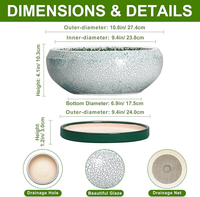 Succulent Planters 10 Inch - Ceramic Bonsai Pots with Drainage Hole and Saucer, Large Succulent Pots Indoor, Shallow Planter, Round Bowl Planter Outdoor, Patio Decor, Plant Lover Gift, Green