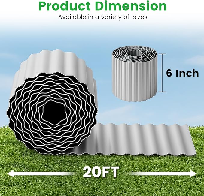 Bonviee 6” x 20’ Metal Landscape Edging Border Kit, Corrugated Garden Edging for Flower Bed, Lawn, Walkways, No Dig Paver Edging for Landscaping, Durable Garden Border Edging (Silver, 6In x 20Ft)