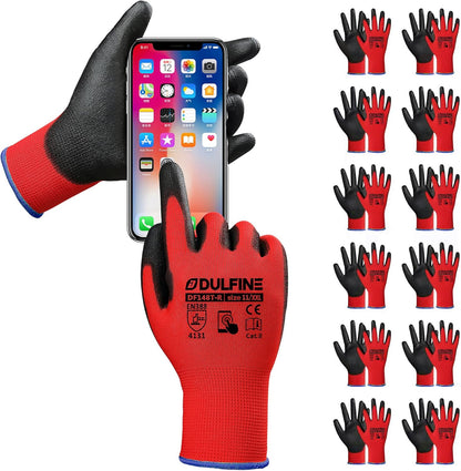 DULFINE Safety Work Gloves PU Coated for Men and Women-12 Pairs,Red Seamless Knit Glove with Two Fingers Touchscreen,Ideal for General Duty Work (Extra Large)