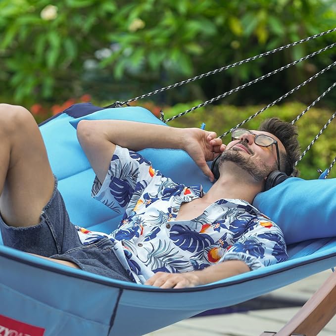 Lazy Daze Hammocks 12 FT Quilted Fabric Hammock with Curved Aluminium Spreader Bar, Outside Double Hammock with Soft Pillow, Side Pocket 450 Lbs Capacity for Patio, Poolside, Lake Blue
