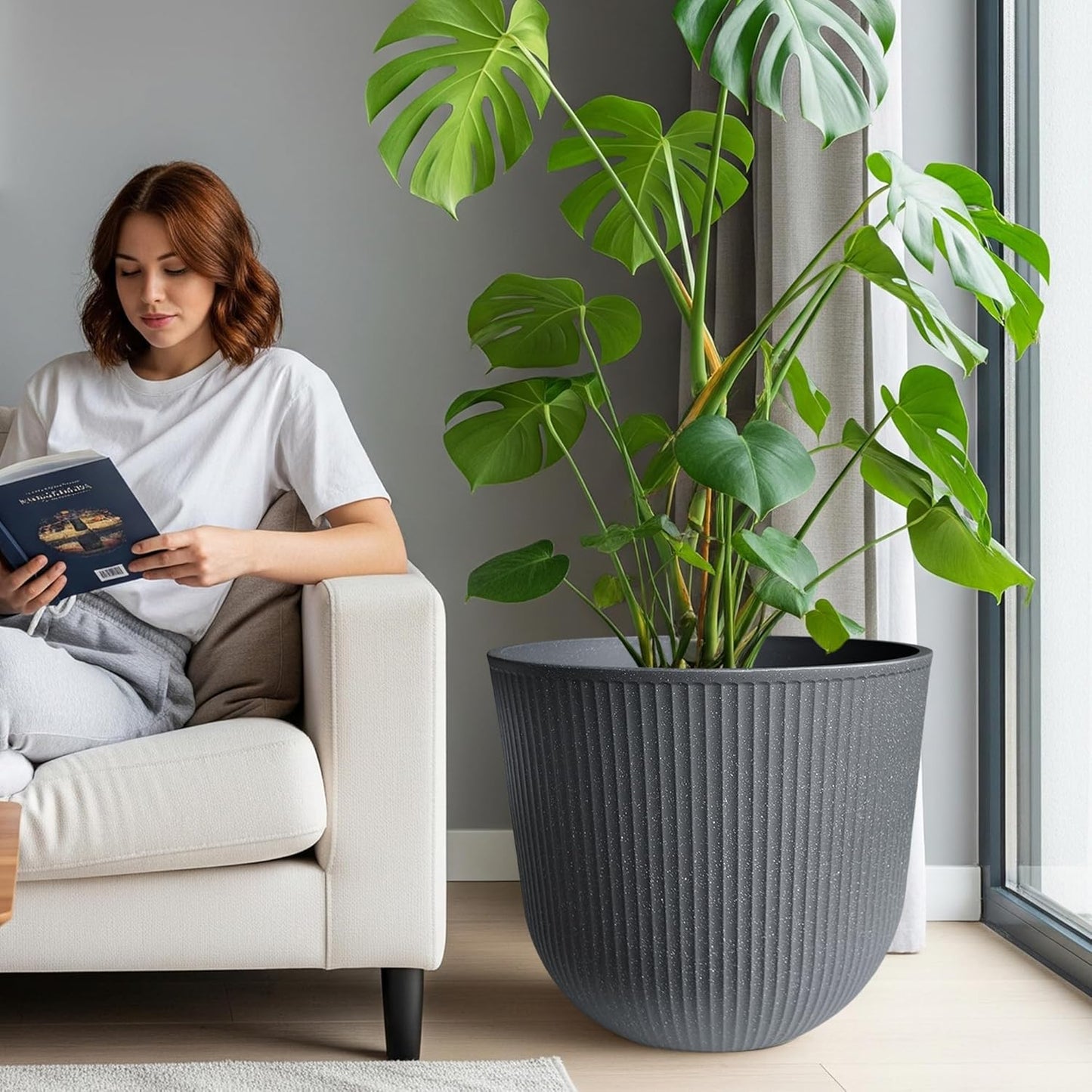 WORTH Garden Round Large Planter Pot Set of 2-17.5" Dia x 15.5" H - Durable Plastic Grey Plant Tree Pots with Vertical Stripe Textured Finish, Drainage Hole for Indoor, Outdoor, Front Porch, Patio