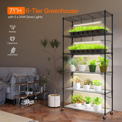 Plant Shelf with Grow Light, Metal Plant Stand with Adjustable Rack and Wheels, 5 Pack T8 Full Spectrum Grow Light Strip for Indoor Plants, Seed Starting, Seed Tray, 35.4"x13.8"x71"