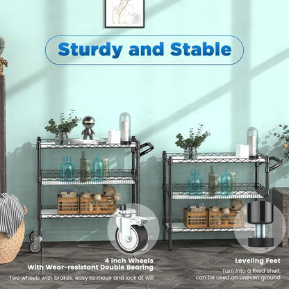 Leteuke 3 Tier Rolling Carts with Wheels,990Lbs Heavy Duty Rolling Utility Cart,NSF Commercial Grade Metal Cart with Handle&Shelf Liner,Trolley Serving Cart for Kitchen,Restaurant,Plant Display,Black