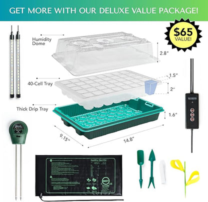 Seed Starter Kit with Grow Lights & Heat Mat – 40-Cell Seed Starter Tray, Humidity Dome, Soil Moisture Meter & Sticky Gnat Traps – Indoor Greenhouse & Plant Propagation Station